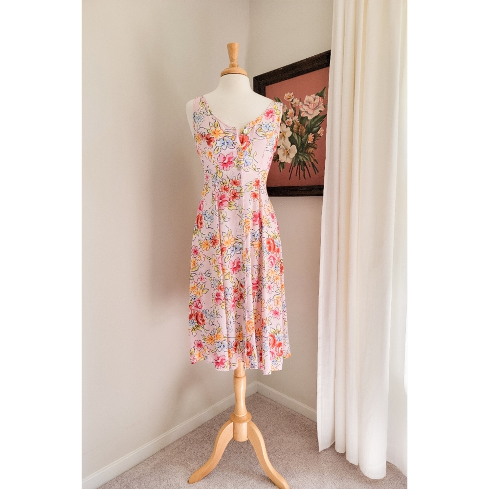 90s Pink Floral Button Front 1990s Vintage Fit & Flare Flowy Midi Length Dress - Picture 3 of 15